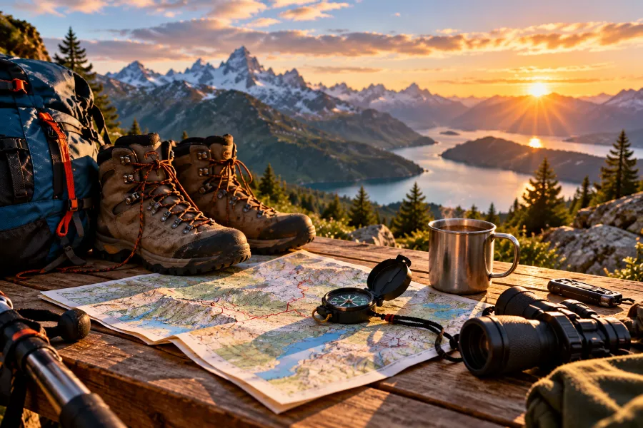 Hiking boots, a map and a compass on a wooden table