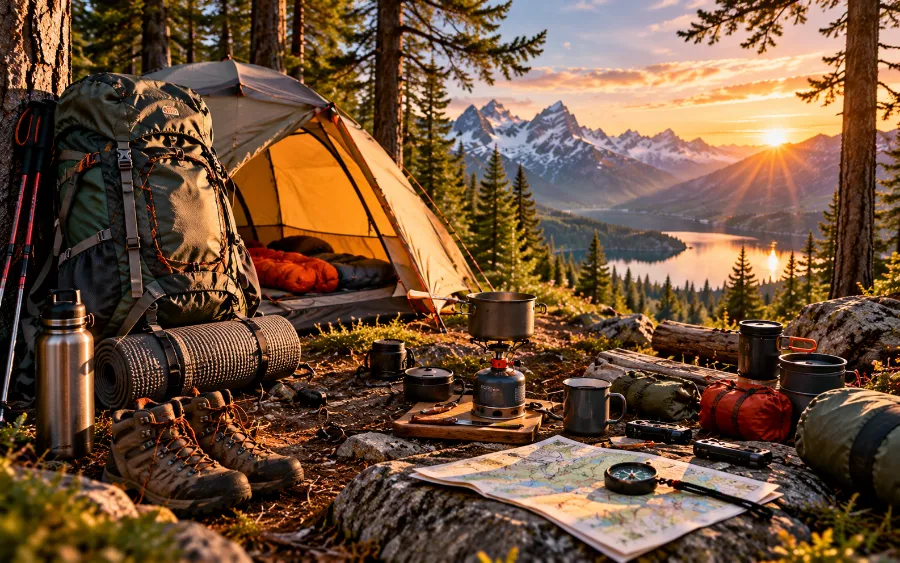 A backpack being packed beside a tent in a forest clearing